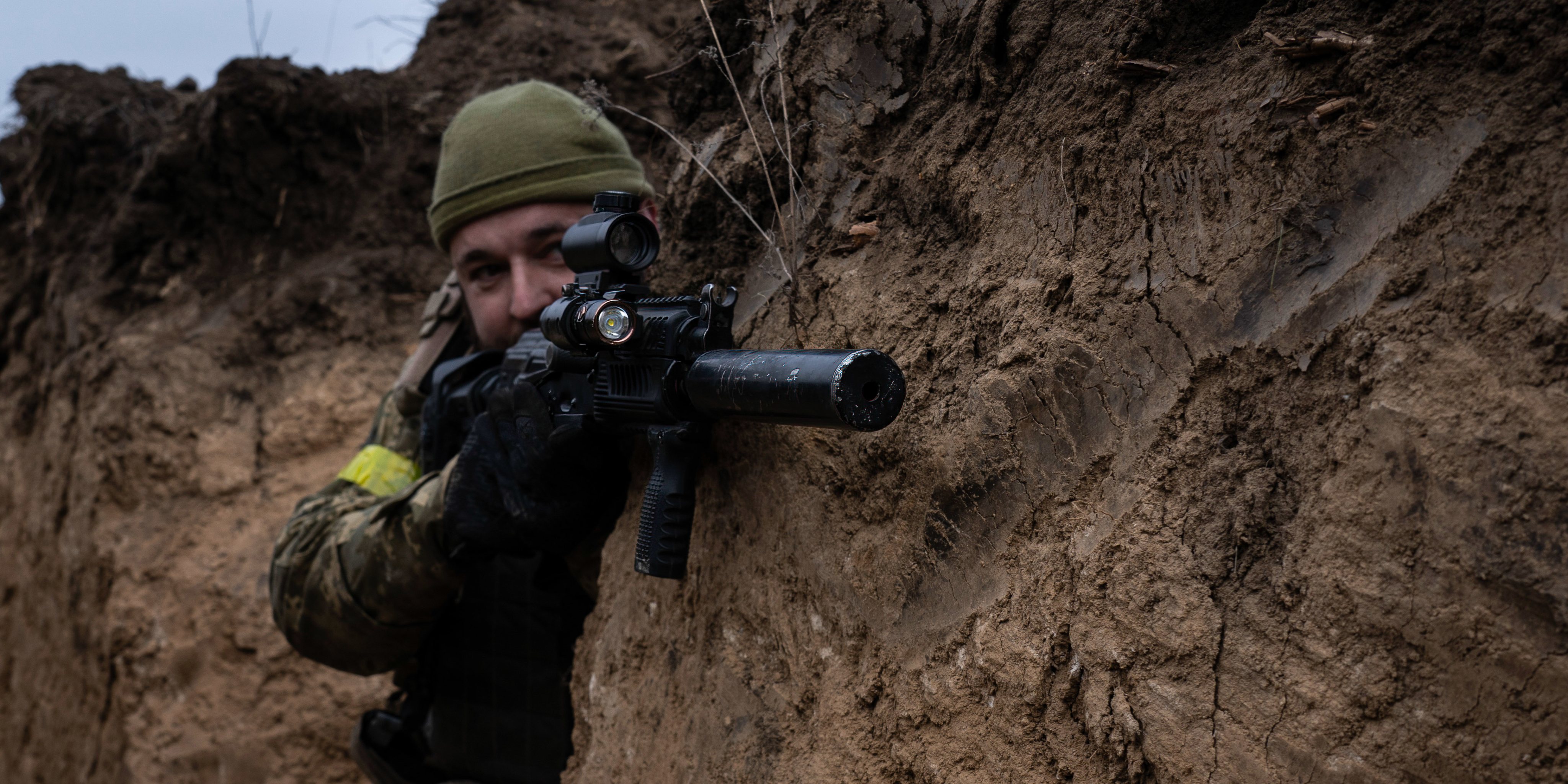 A Ukrainian soldier from the 63 brigades is seen having