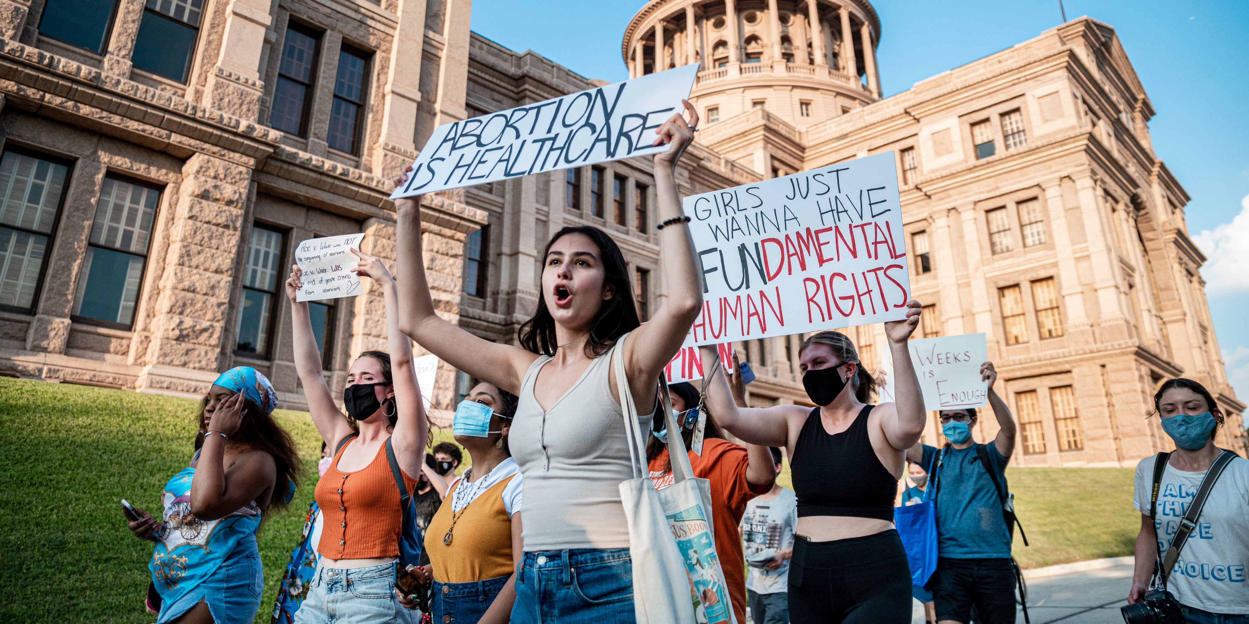 AUSTIN, TX - SEPT 1: Pro-choice protesters march outside the Te