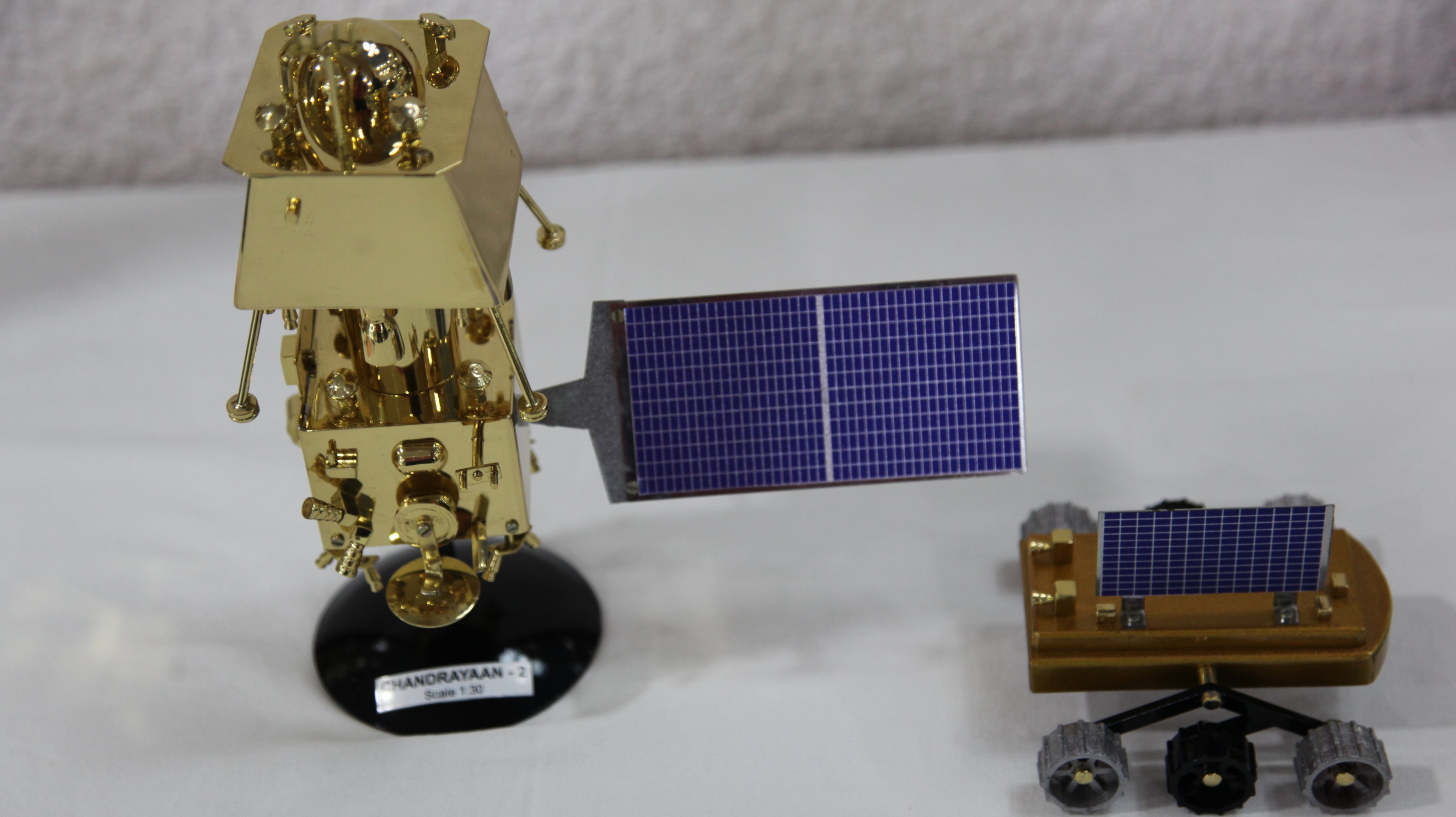 Scale models of the Indian moon shot on display at the head quarters of the Indian Space Research Organisation (ISRO).