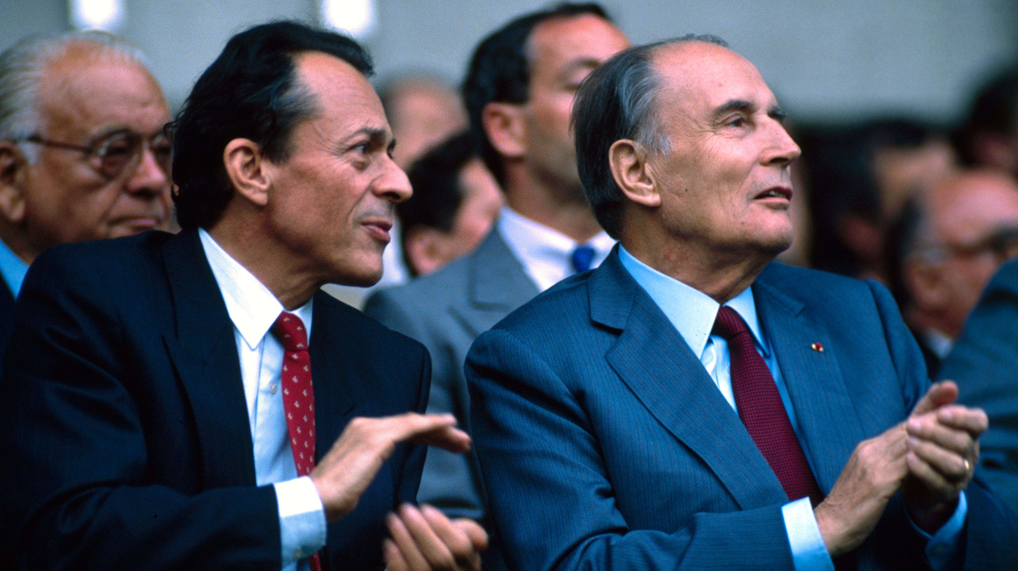 Francois Mitterrand et Michel Rocard à la finale de la Coupe de France de football