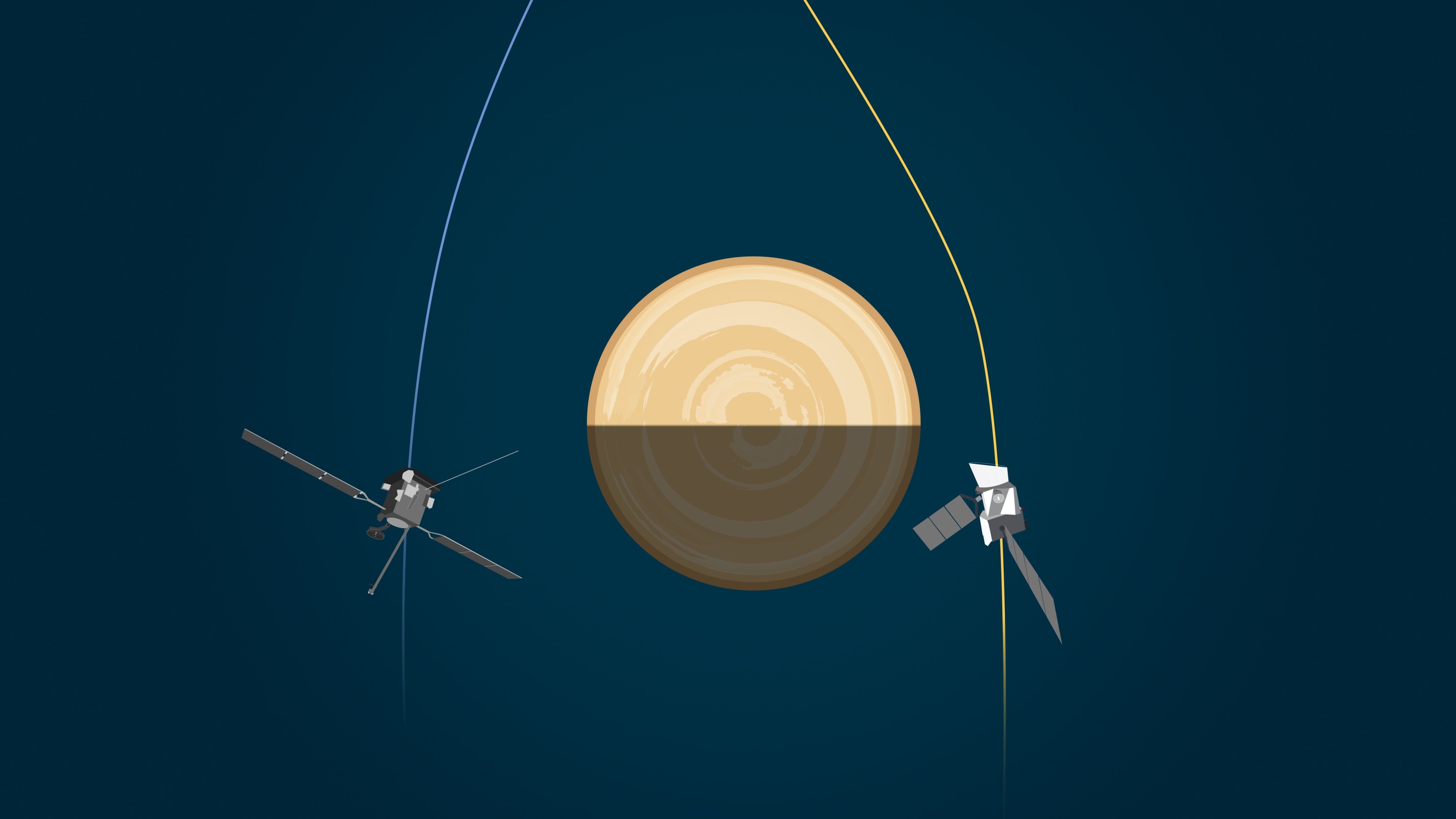 A Solar Orbiter (a azul) e a BepiColombo passam por Vénus esta semana