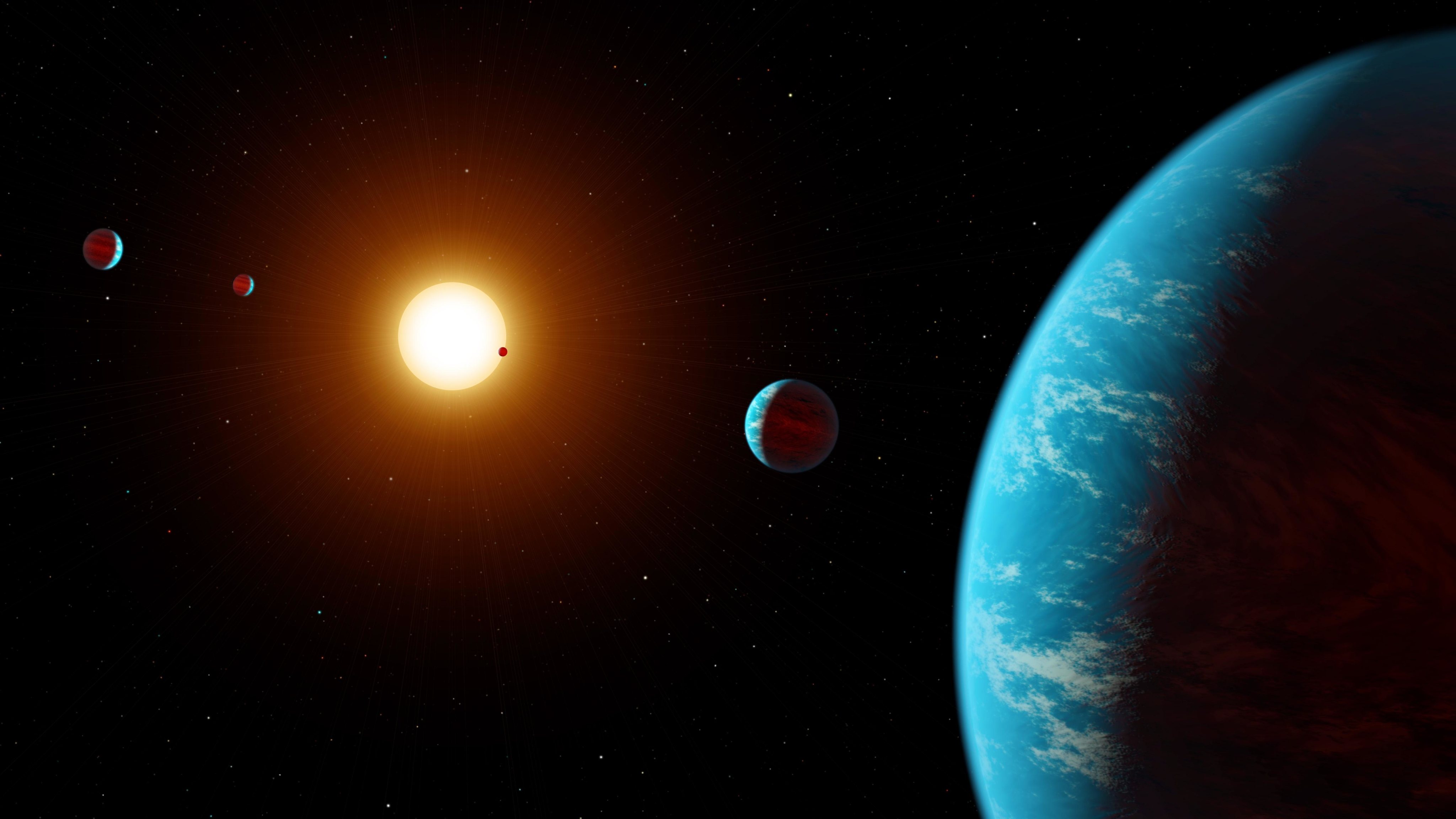 Representação artística de um hipotético sistema estelar com cinco exoplanetas