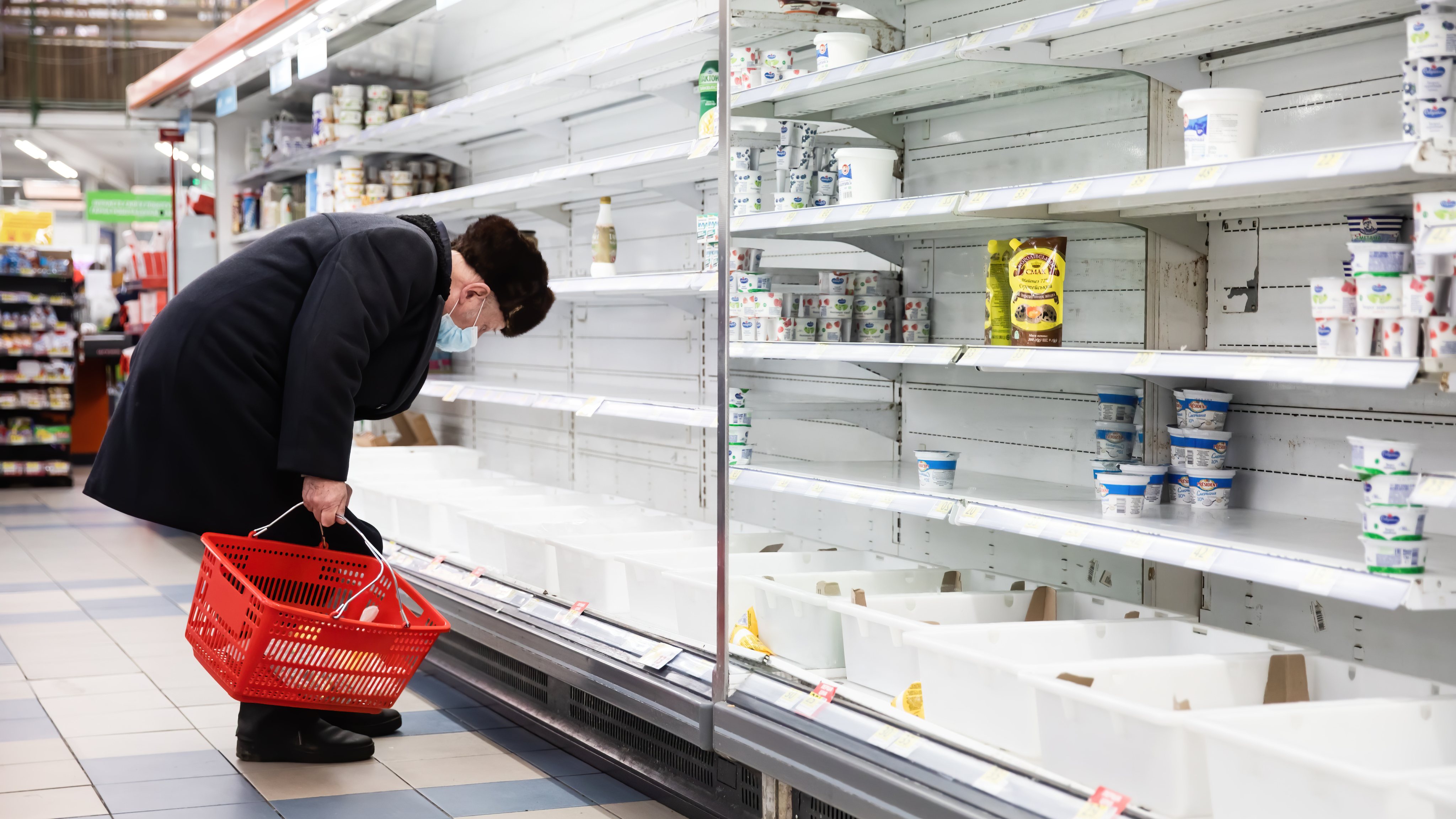 Empty shelves seen in a supermarket in the Ukrainian capital