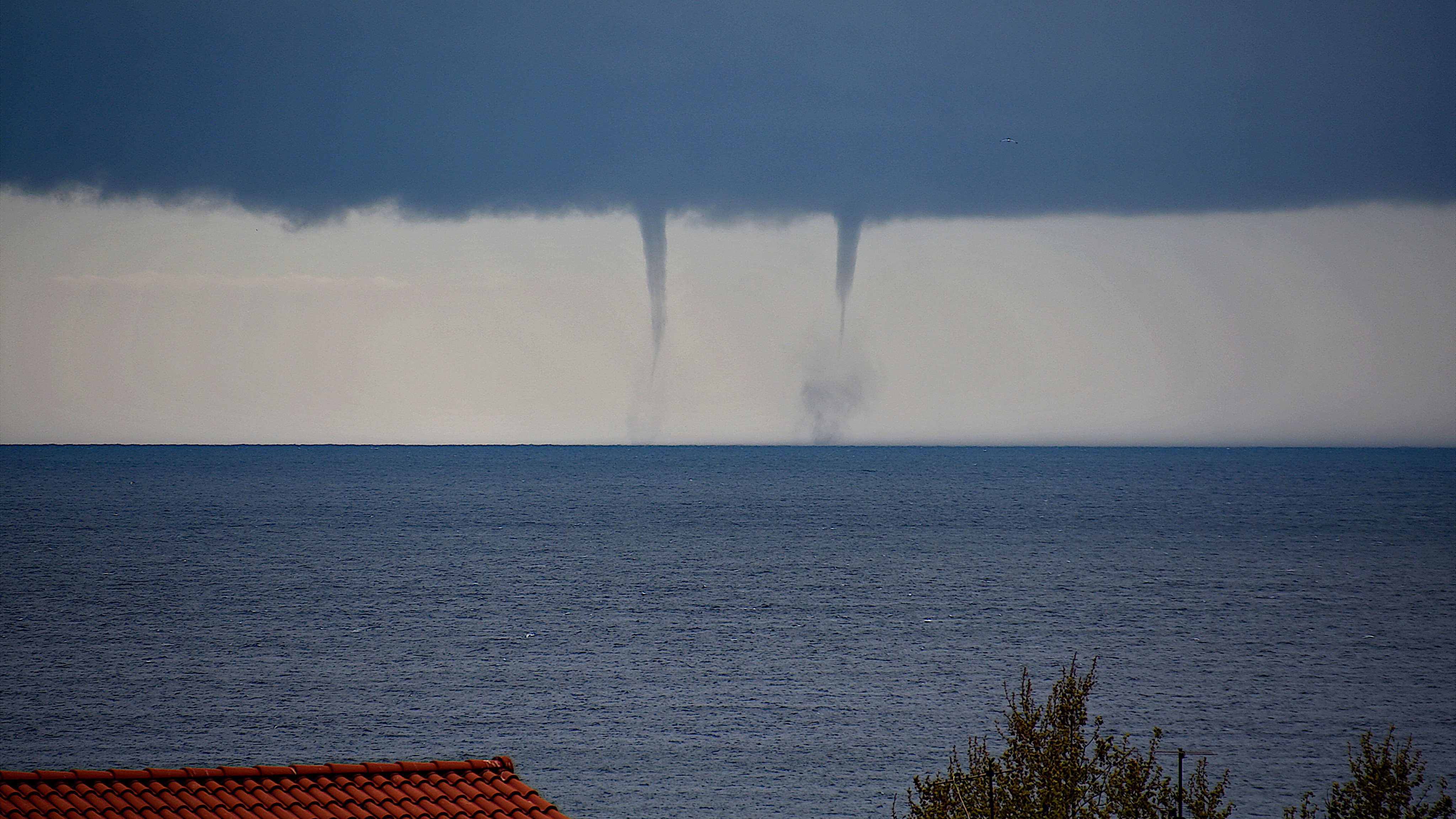 Tornadic waterspouts are seen on the sea off Marseille
