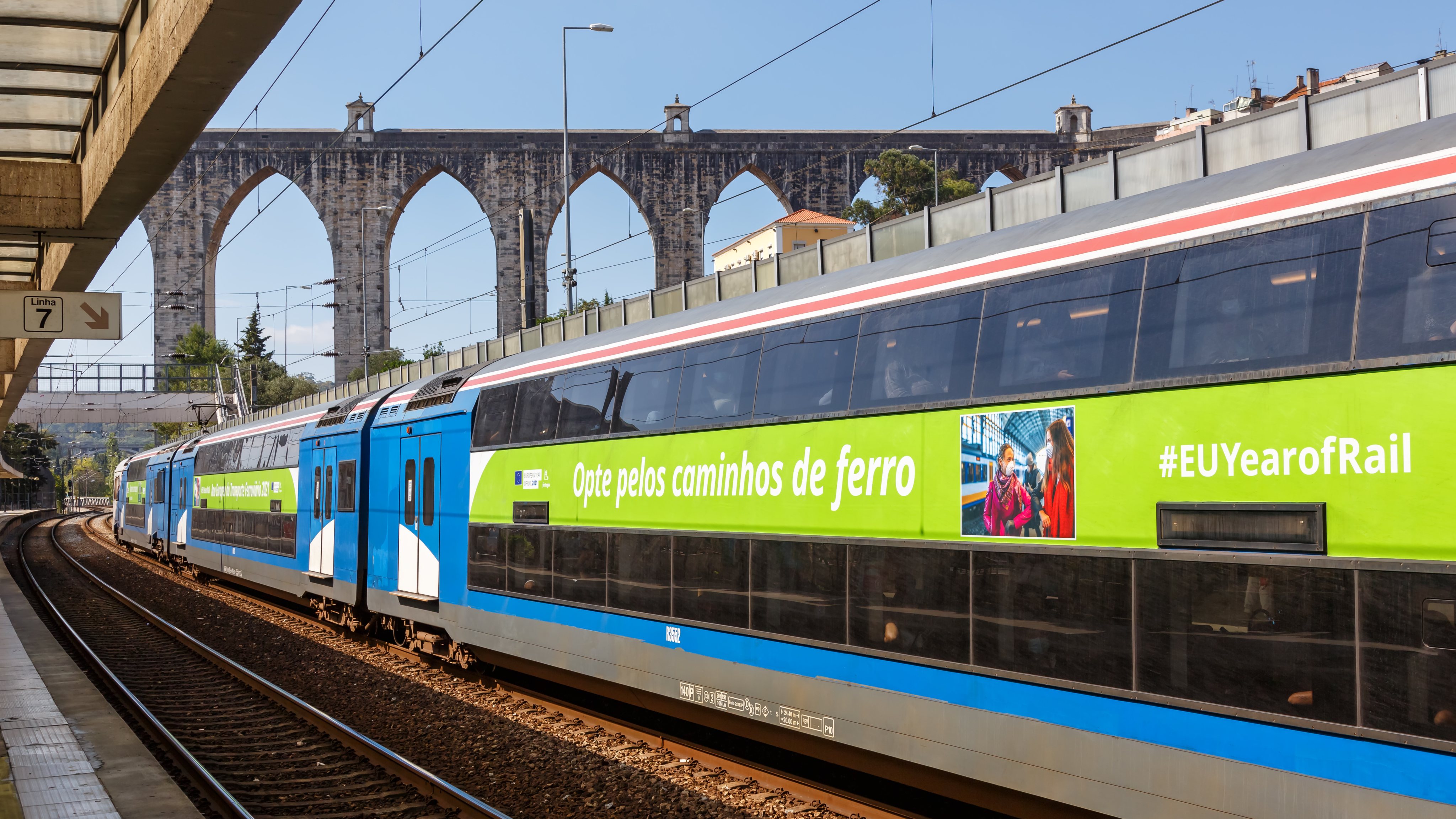 Fertagus rail railway train at aqueduct Aqueduto das Aguas Livres in Lisbon Lisboa Portugal