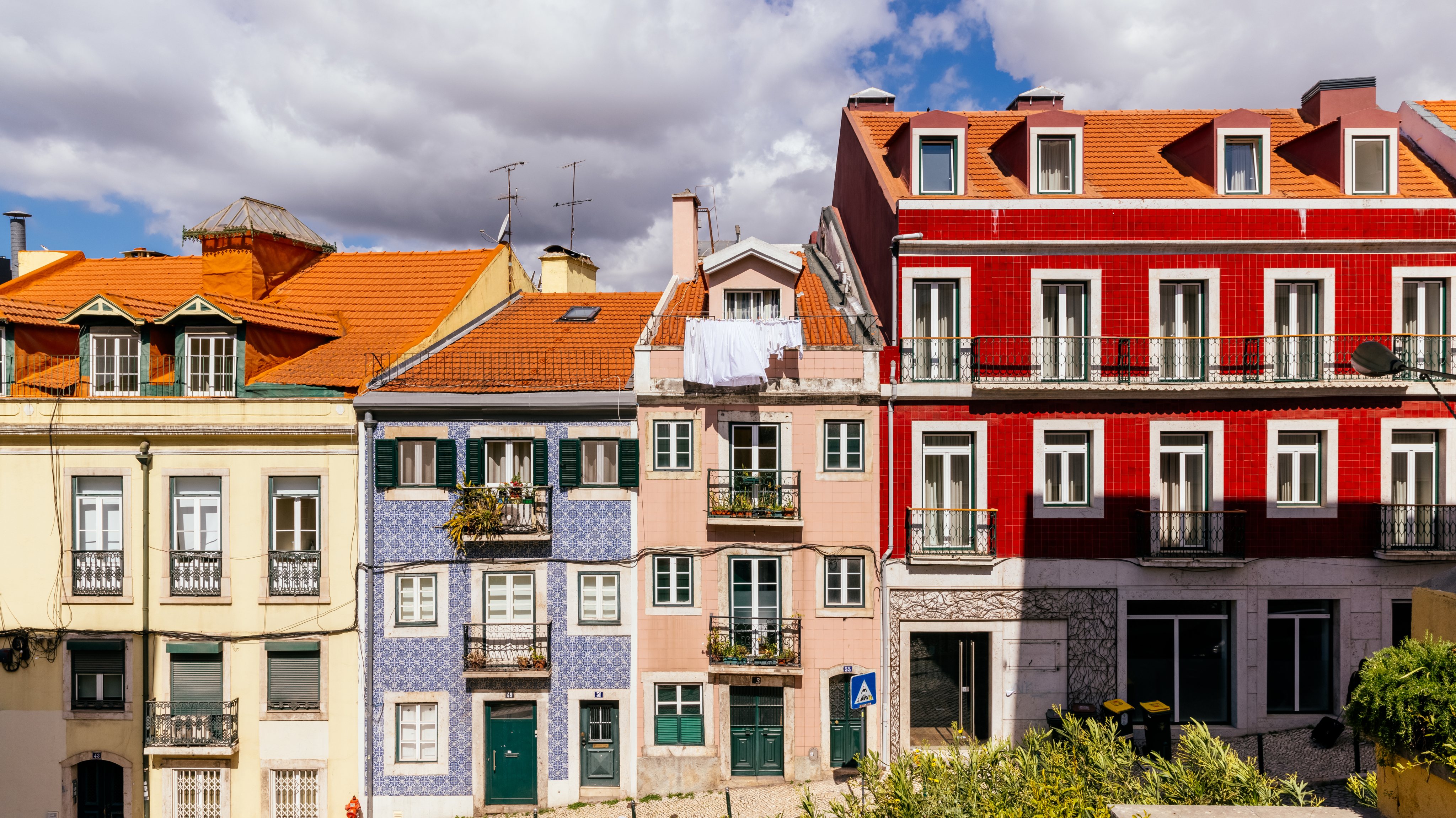 Residential houses on the street in Lisbon old town, Portugal