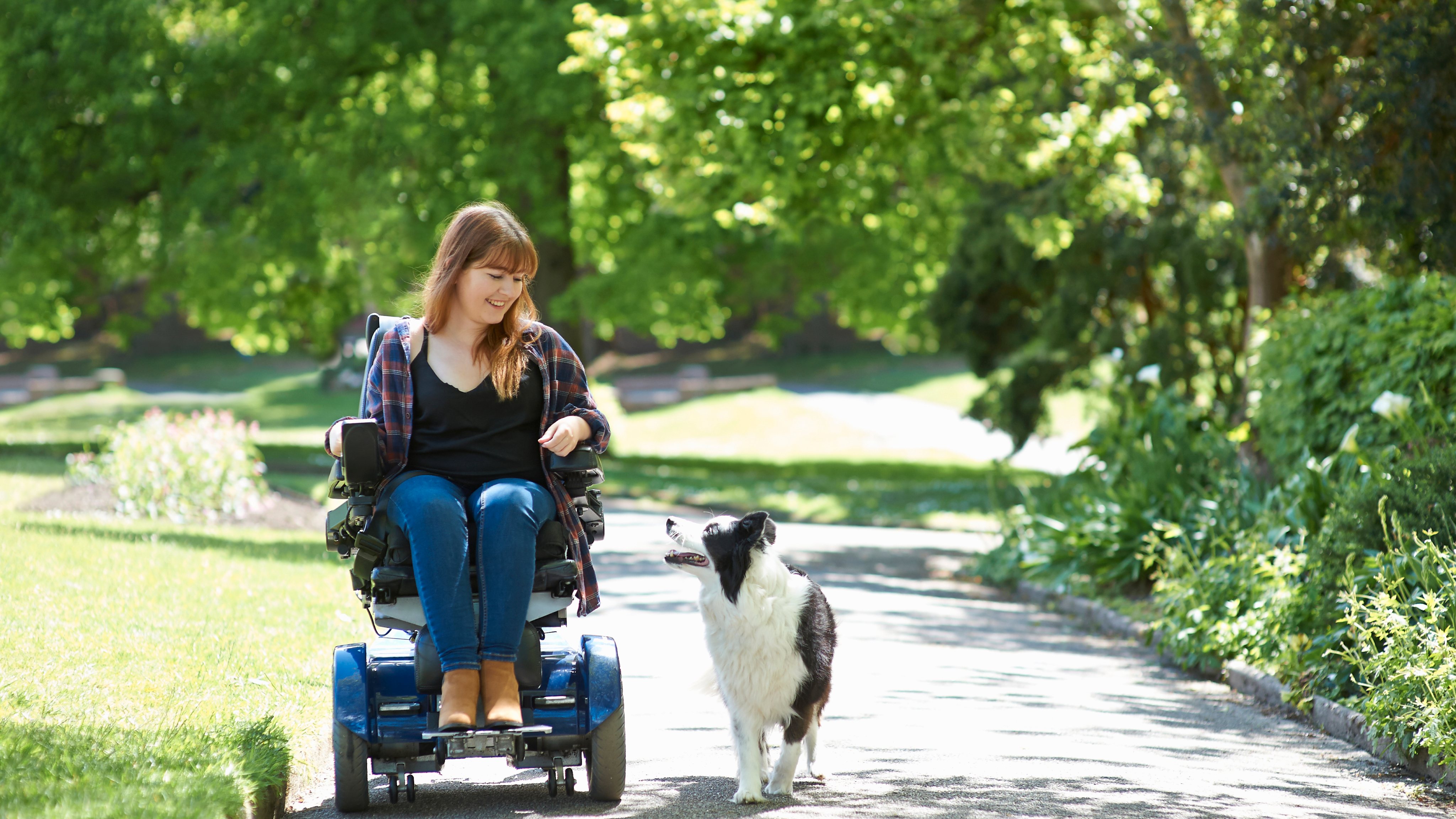 Happy woman in wheelchair walking dog in park.