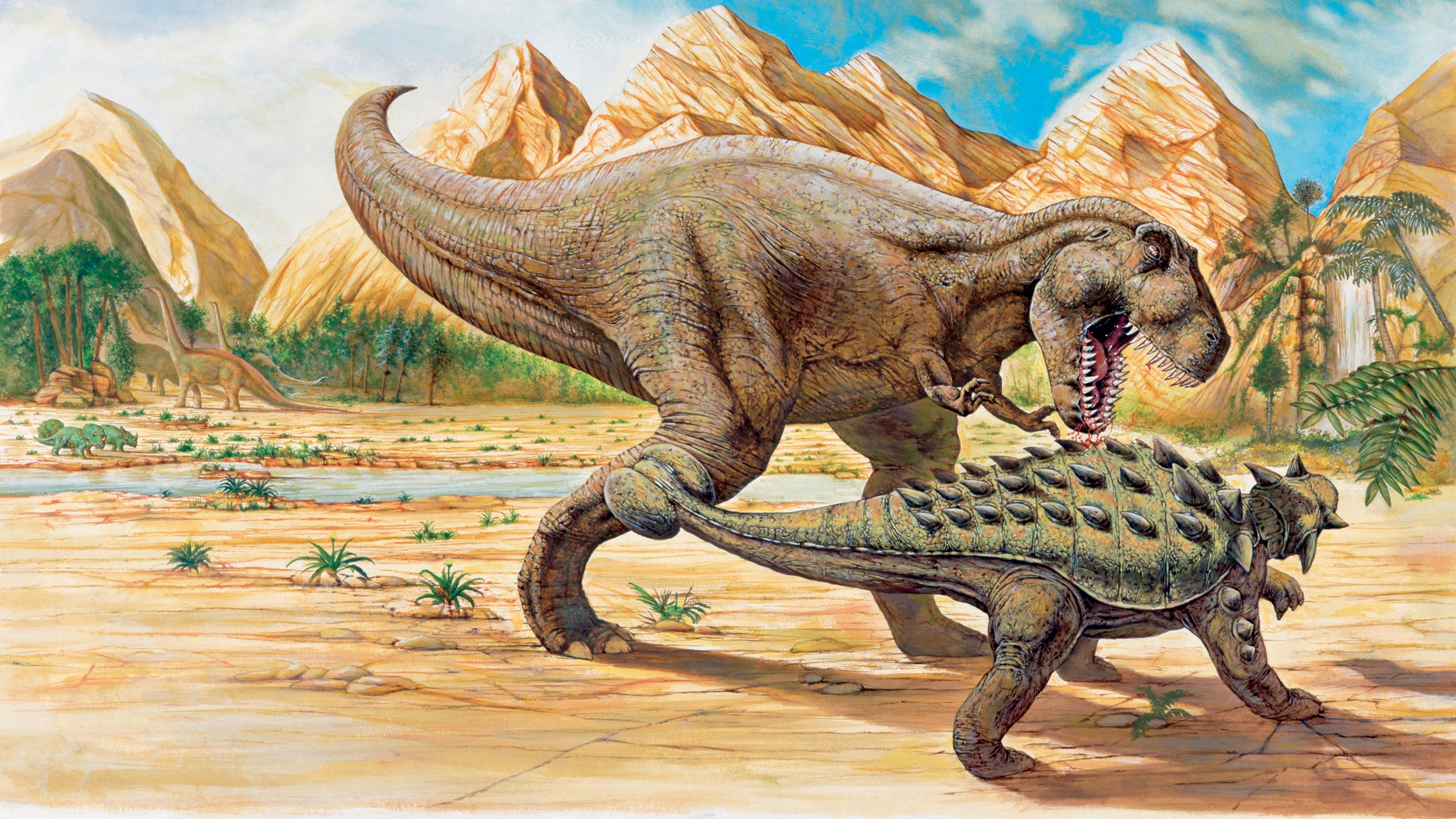 Tyrannosaurus rex and euoplocephalus dinosaurs walking on a landscape
