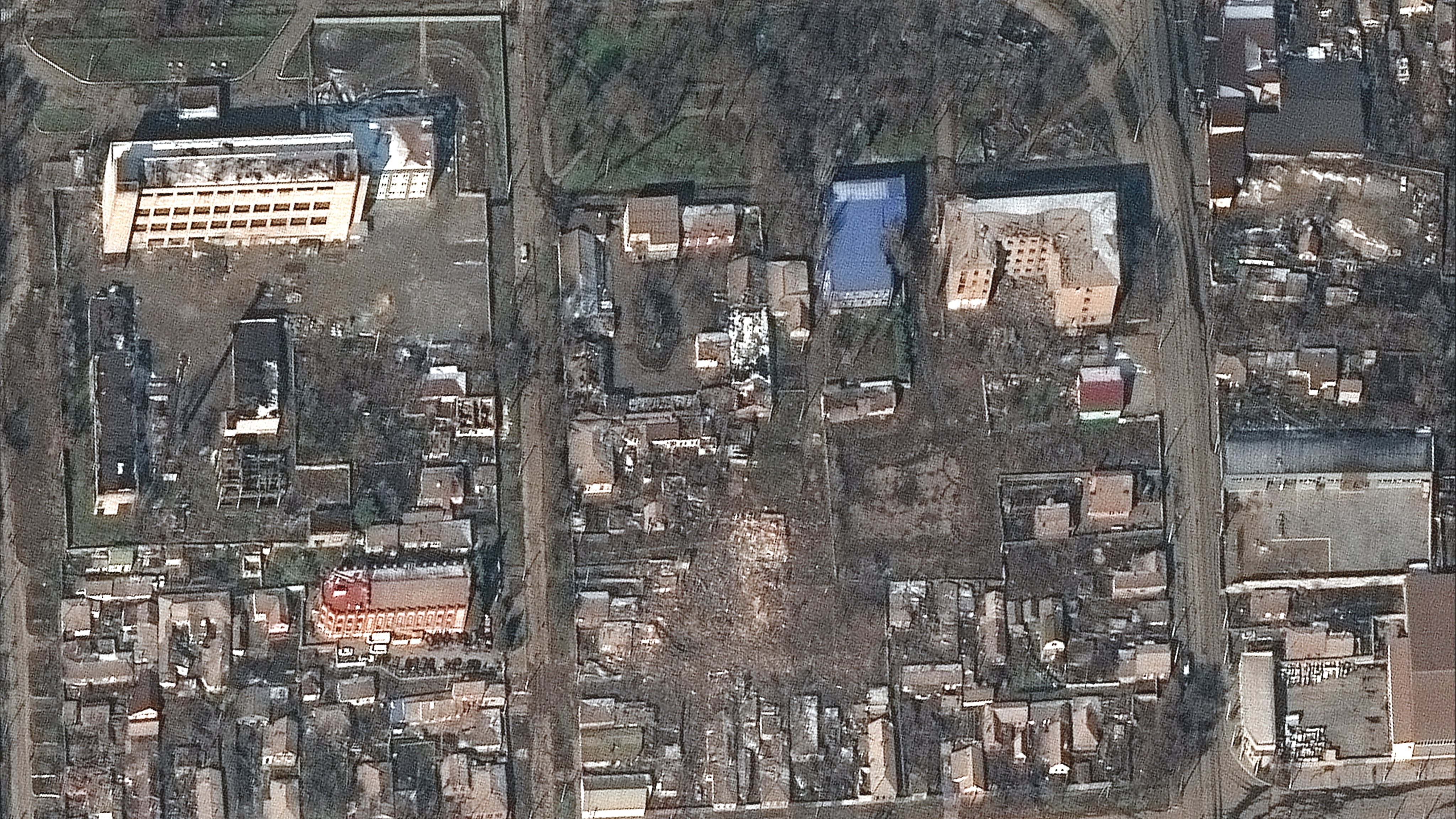RUSSIANS INVADE UKRAINE -- MARCH 9, 2022:  02 Maxar satellite imagery of buildings and homes AFTER invasion Mariupol, Ukraine.  9mar2022_wv3.  Please use: Satellite image (c) 2022 Maxar Technologies.