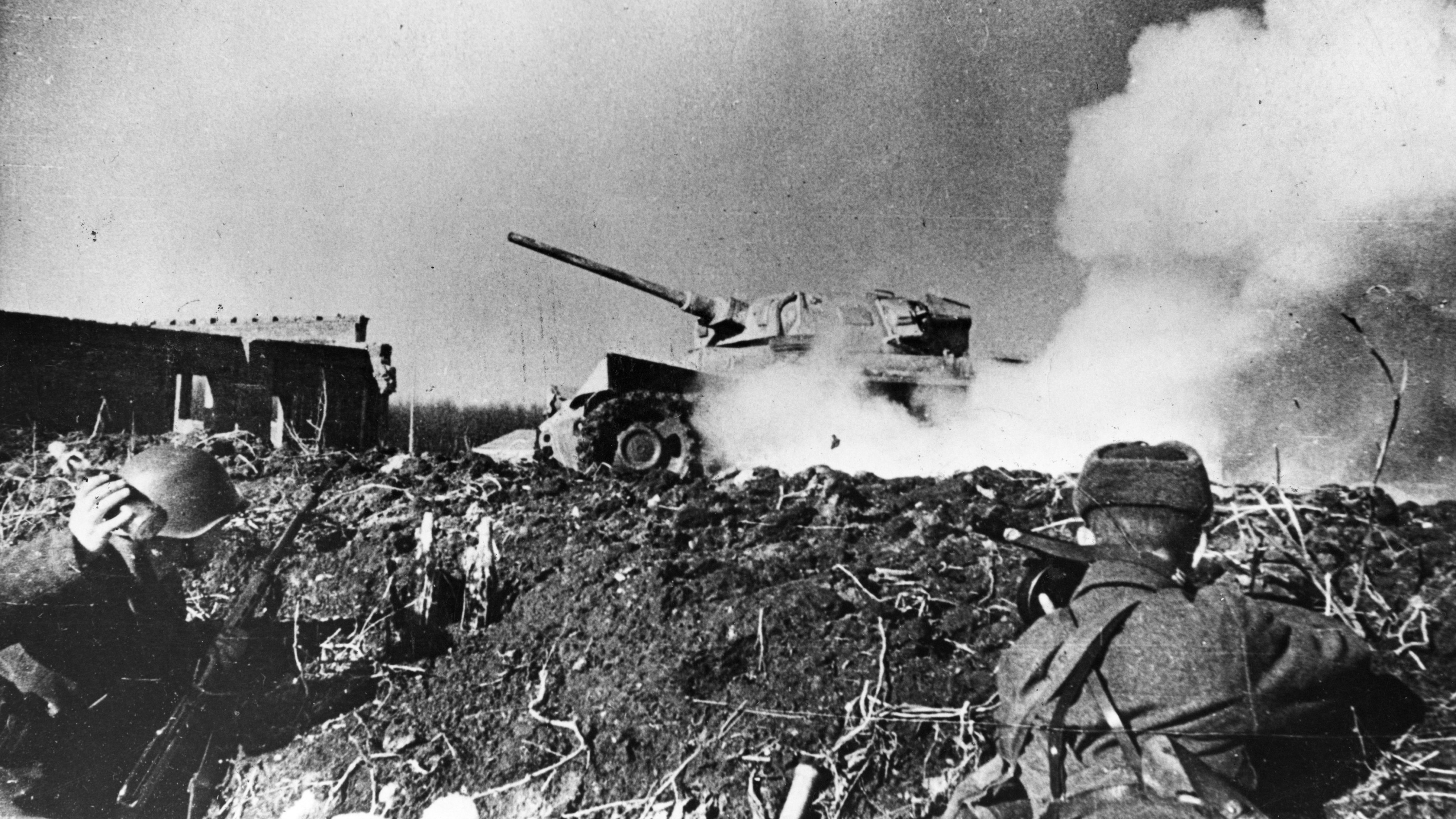 World War 2. Smoke pouring from a German tank hit by a Molotov Cocktail