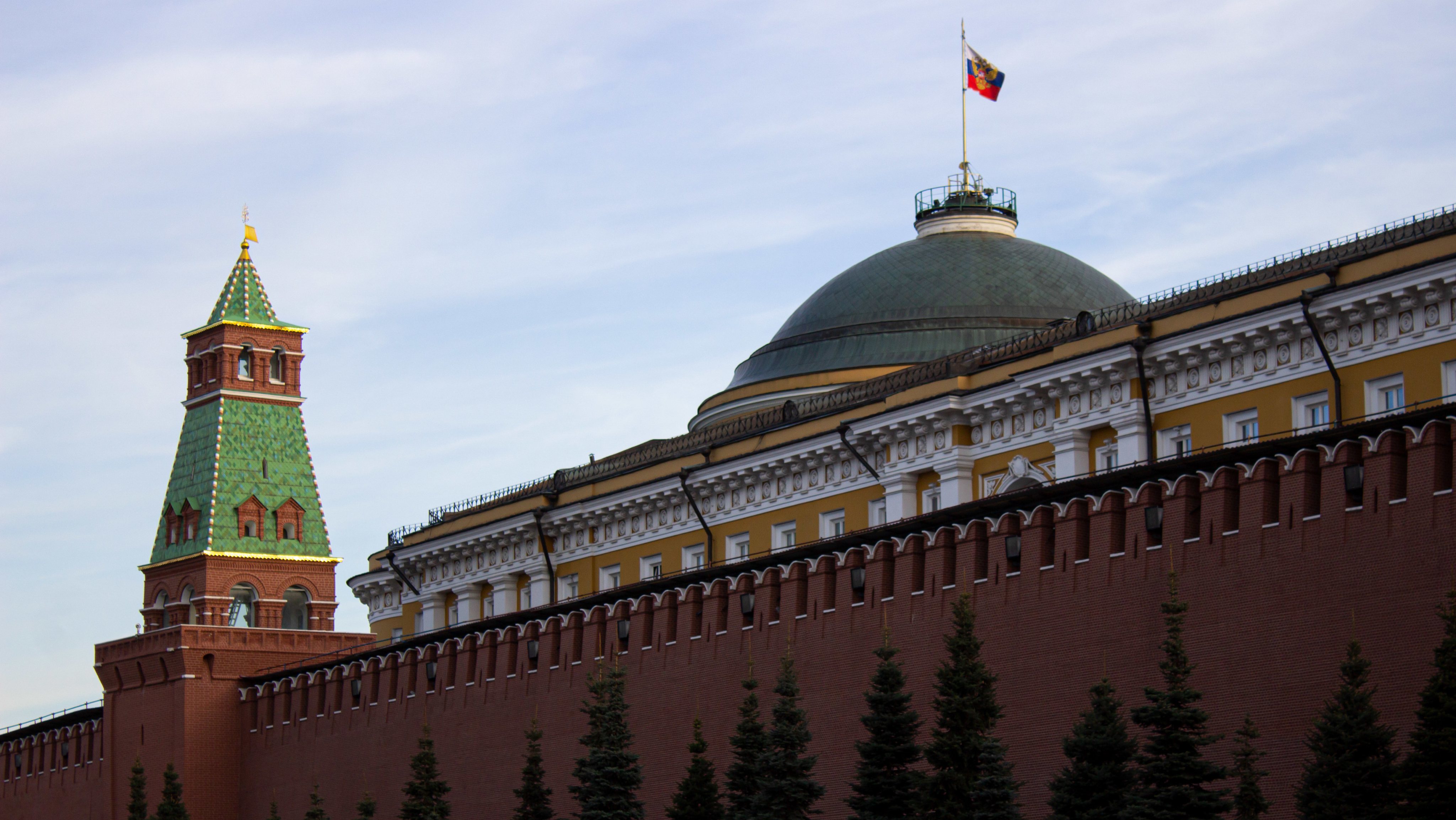 The Russian tricolor flag is seen on top of the Kremlin