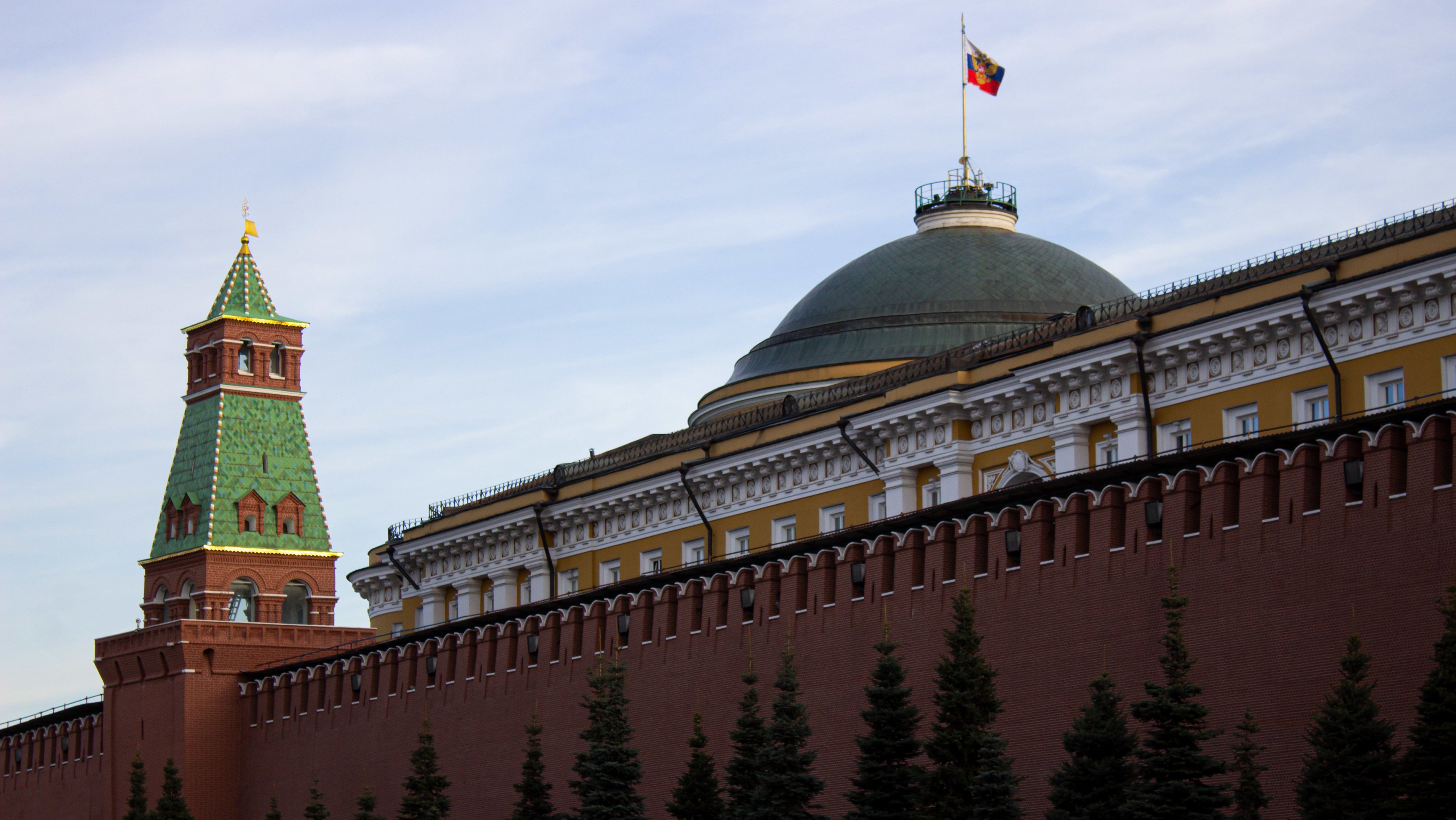 The Russian tricolor flag is seen on top of the Kremlin