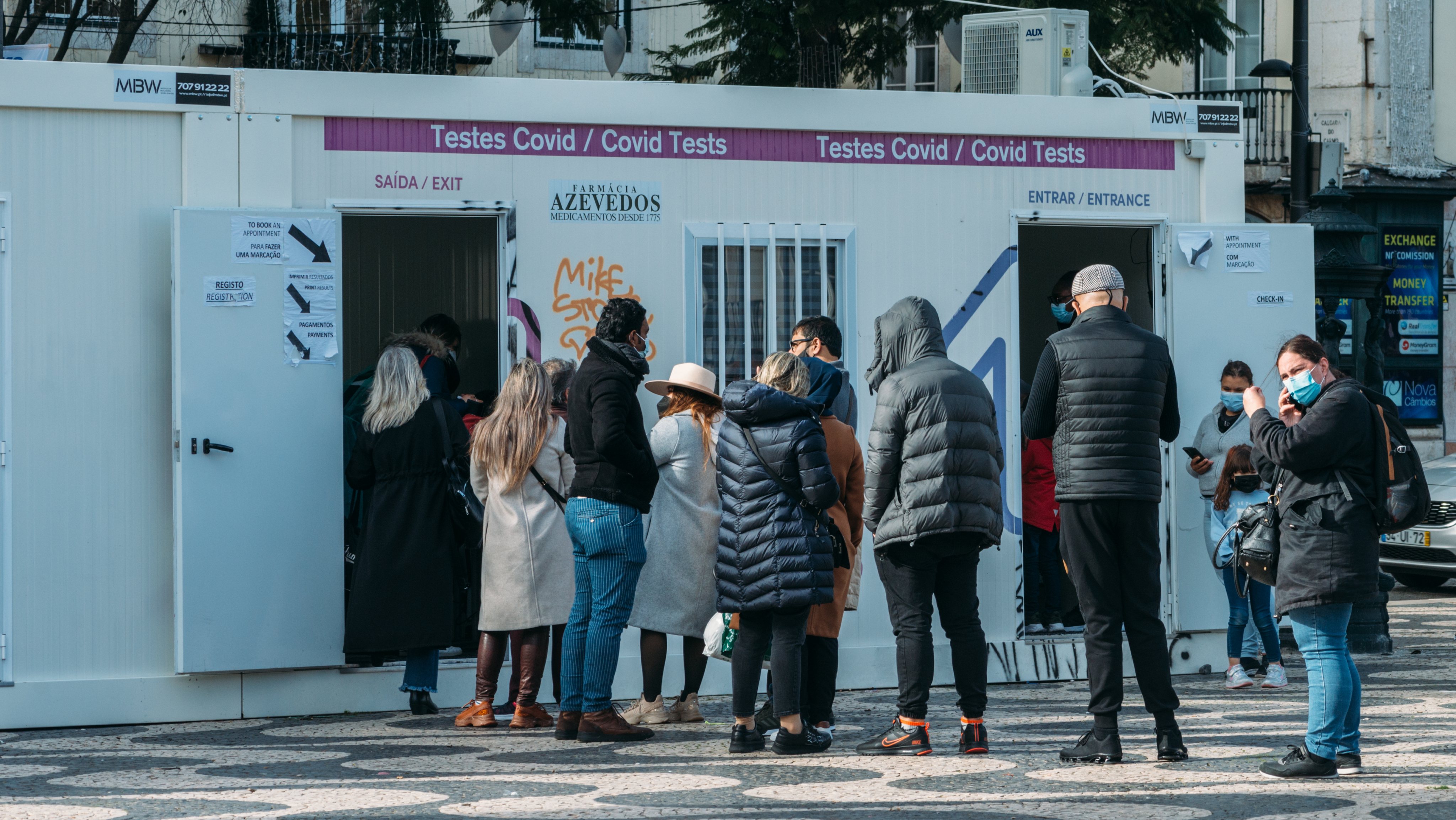 People queue for a free Covid test on Rossio Square in Lisbon, Portugal