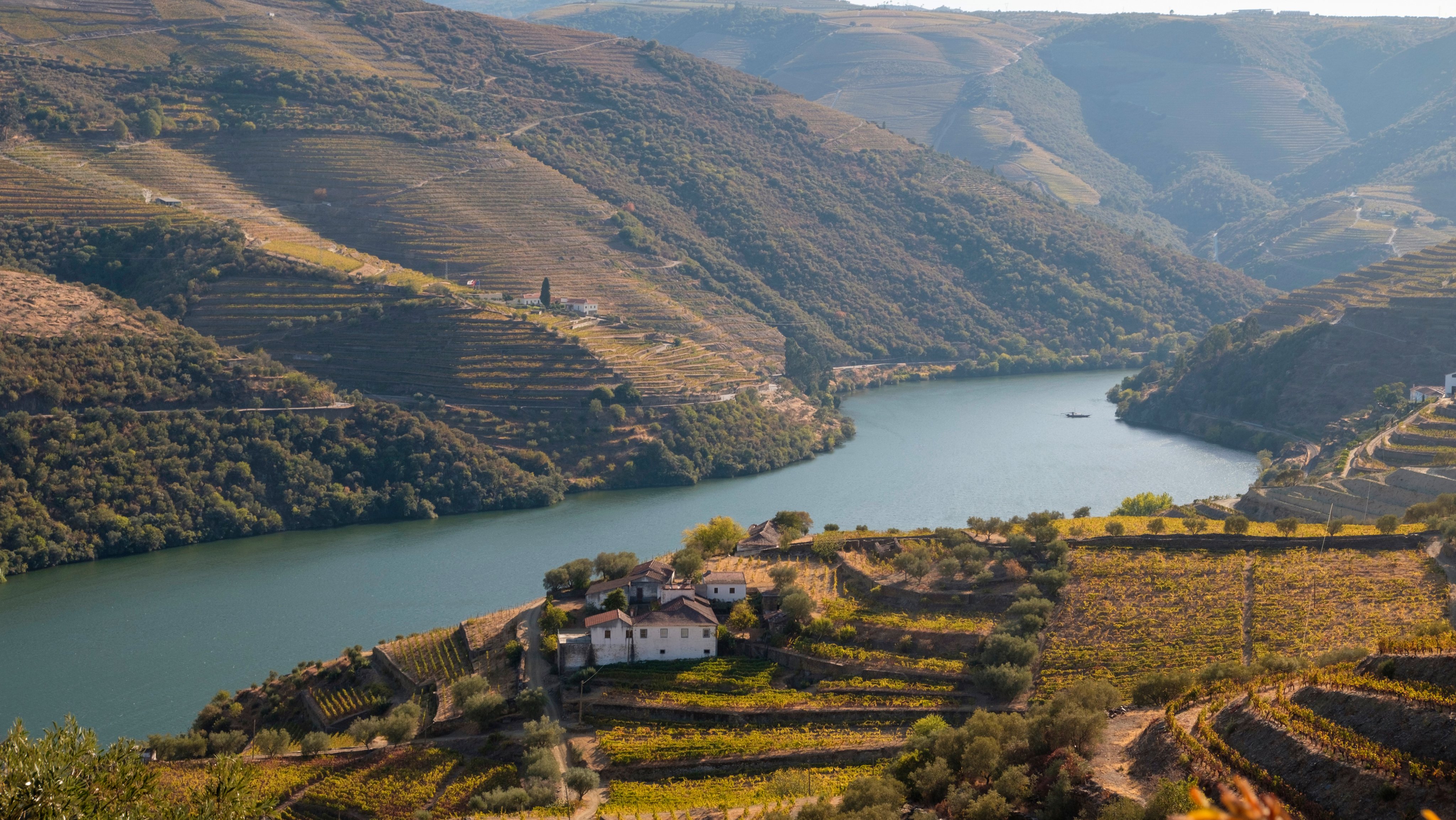 Douro River with river cruise boat near Pinhao, Douro River Valley, Portugal