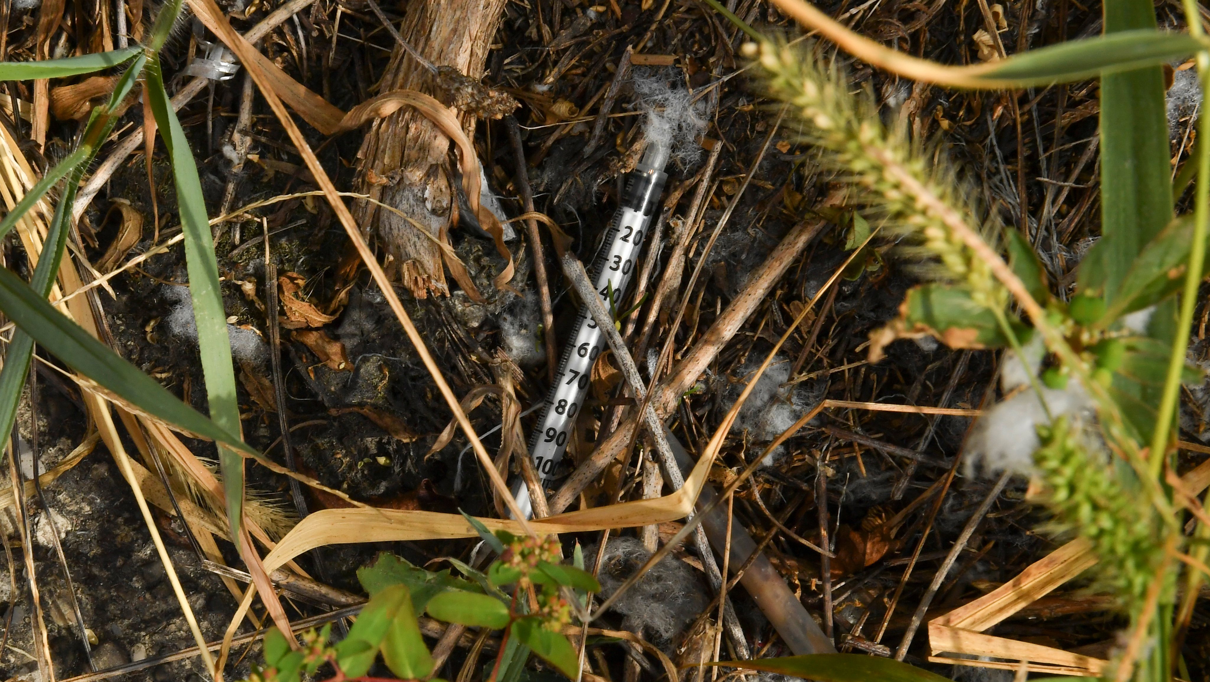 HUNTINGTON, WV - OCTOBER 2: A used syringe is seen by the rail