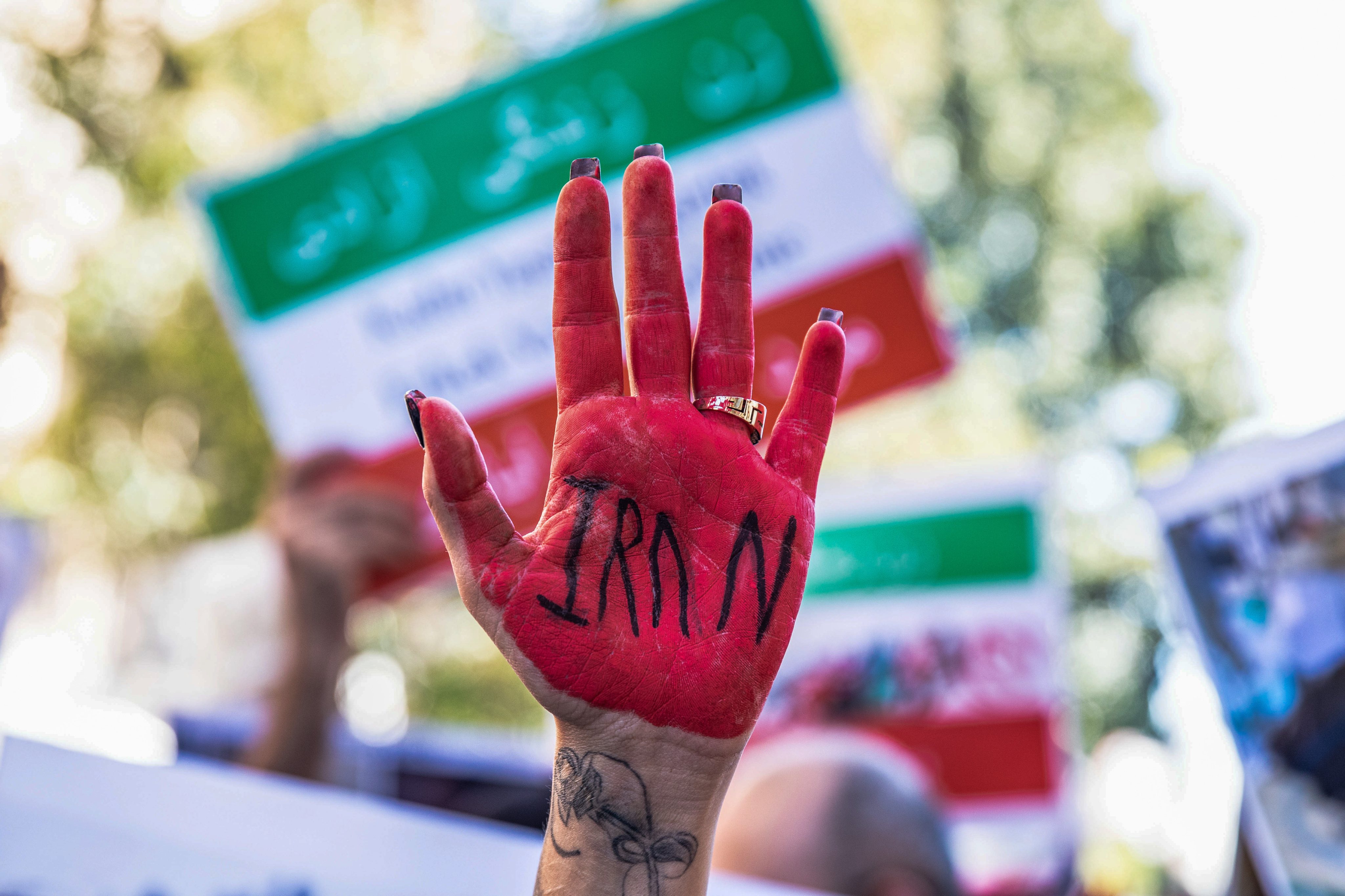 A protester with red painted hand and inscription &quot;Iran&quot;