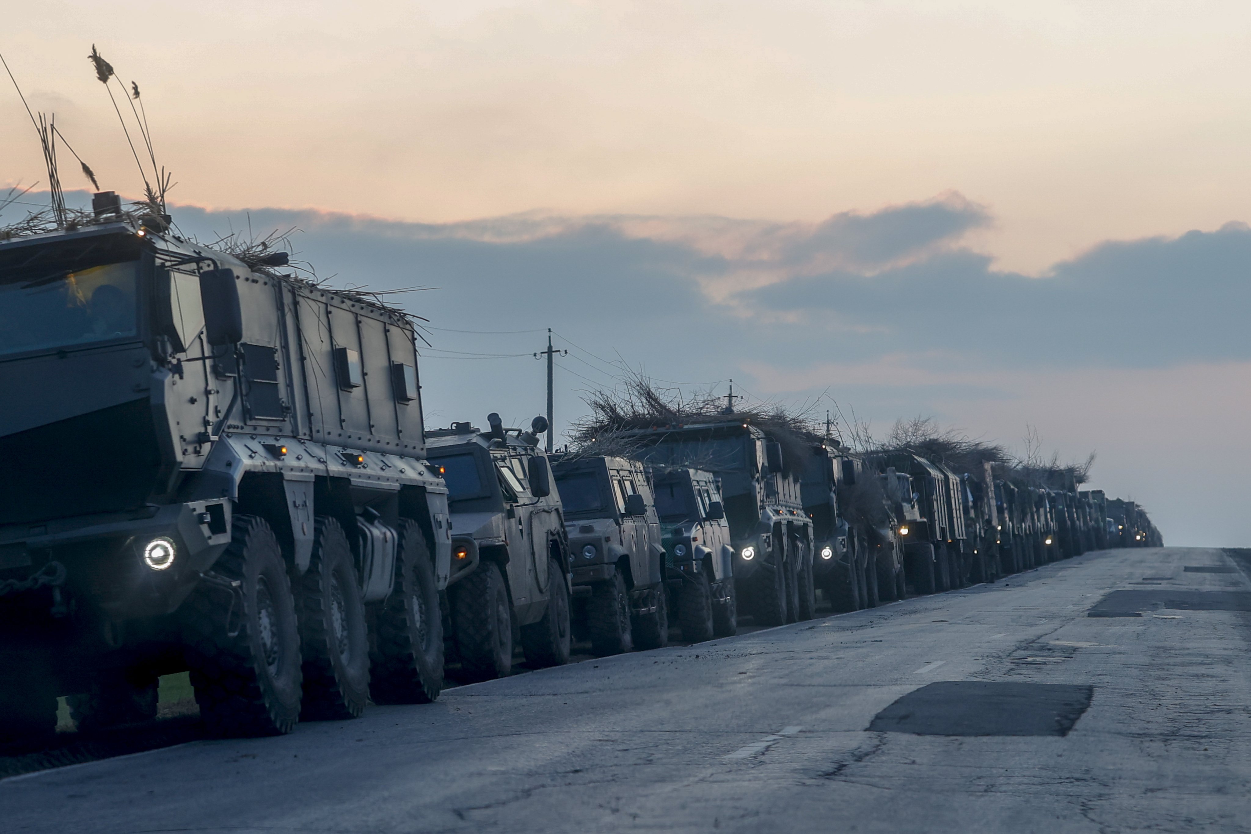 A convoy of Russian military vehicles moving towards border in Donbas region