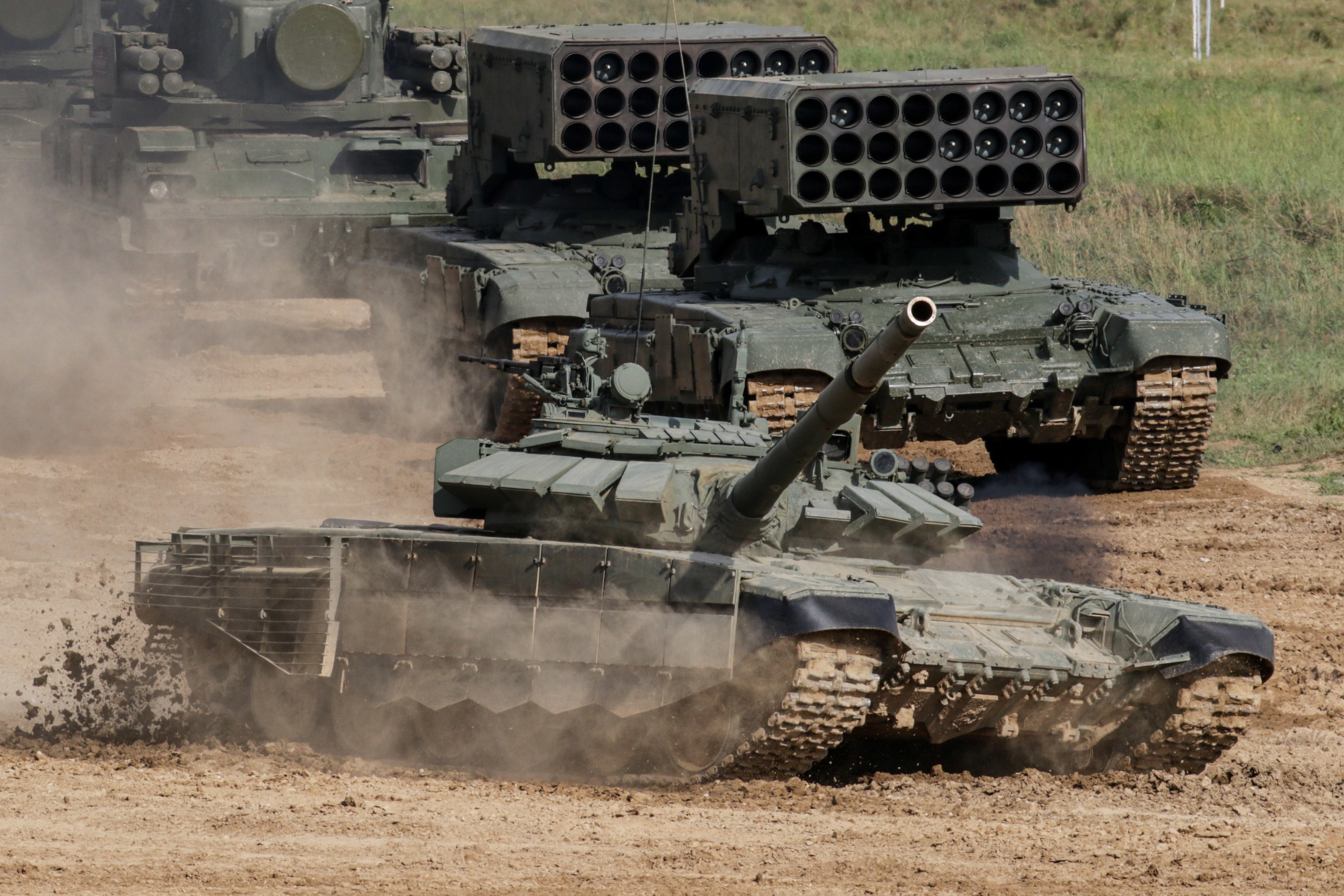 Russian Army T-72 B3M tanks are seen during the annual Army