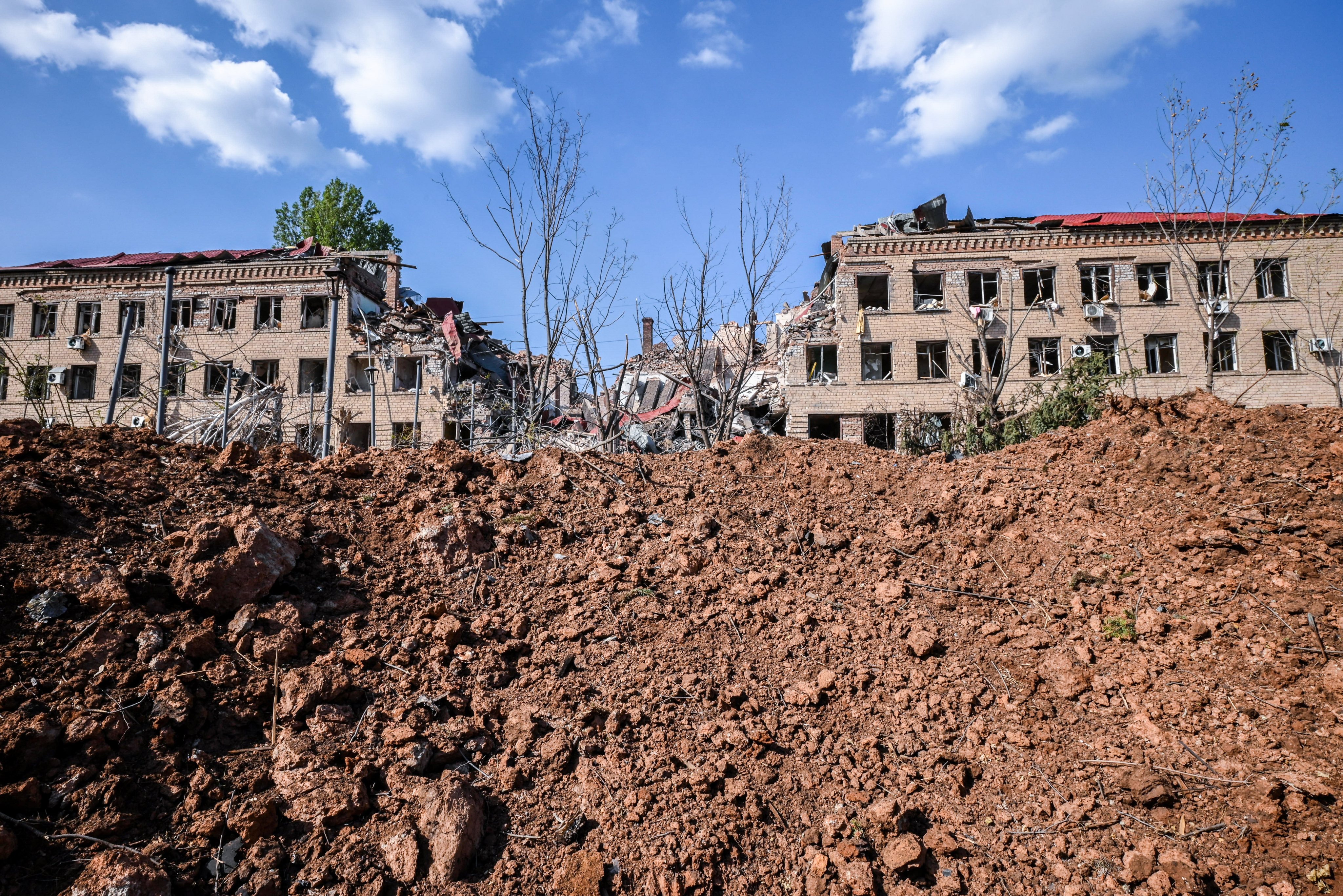 A view of a destroyed sanatorium in Soledar