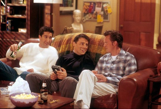 381455 01: From left to right, David Schwimmer, as Ross, Matt LeBlanc, as Joey, and Matthew Perry as Chandler act in a scene from the television comedy "Friends" during the seventh season of the show. (Photo by NBC/Newsmakers)
