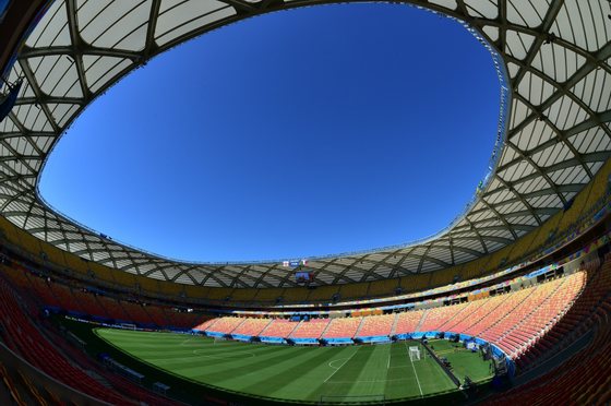 A general view shows the pitch at the Amazonia Arena in Manaus on June 13, 2014, on the eve of the 2014 FIFA World Cup football match between England and Italy.   AFP PHOTO/ GIUSEPPE CACACE