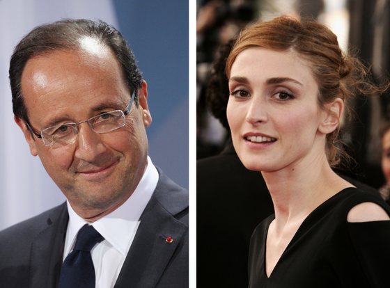(FILE PHOTO) In this composite image a comparison has been made between Francois Hollande (L) and Julie Gayet. ***LEFT IMAGE***  BERLIN, GERMANY - MAY 15:  French President Francois Hollande speaks to the media following talks at the Chancellery hours after Hollande's inauguration in Paris on May 15, 2012 in Berlin, Germany. Hollande has come to Berlin to discuss the current European debt crisis with Merkel and most importantly to find common ground, as he hopes to resolve the crisis with measures that mark a departure from the austerity packages favoured by Merkel.  (Photo by Sean Gallup/Getty Images) ***RIGHT IMAGE*** CANNES, FRANCE - MAY 12: Actress Julie Gayet attends the premiere of the film 'Match Point' at the Palais during the 58th International Cannes Film Festival May 12, 2005 in Cannes, France. (Photo by Pascal Le Segretain/Getty Images)