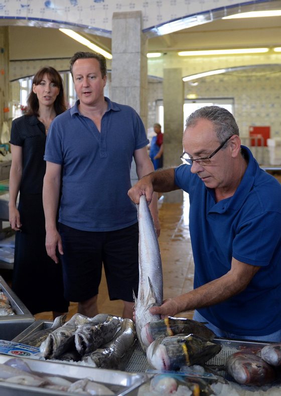 Britain's Prime Minister David Cameron (2nd L) and his wife Samantha (L) are pictured as they visit a seafood market while on holiday in Cascais in Portugal, on August 5, 2014. A British minister, Baroness Sayeeda Warsi, who was the first Muslim woman to sit in the Cabinet has resigned over the British government's policy on Gaza, she said Tuesday.  AFP PHOTO / FRANCISCO LEONG/POOL