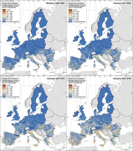 PrevisÃ£o do nÃºmero de casos de dengue por cada 100 mil habitantes em diferentes perÃ­odos na Europa dos 27