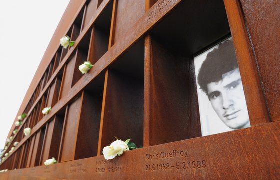 The picture of Chris Gueffroy, last victim killed by weapons, can be seen at the memorial site at Bernauer Strasse in Berlin August 13, 2010. Berlin marks the 49th anniversary of the construction of the Berlin Wall on August 13, 2010. AFP PHOTO / JOHANNES EISELE (Photo credit should read JOHANNES EISELE/AFP/Getty Images)