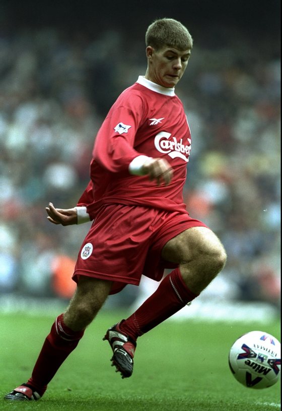11 Sep 1999:  Steven Gerrard of Liverpool on the ball against Manchester United during the FA Carling Premiership match at Anfield in Liverpool, England. United won 3-2.  Mandatory Credit: Ben Radford /Allsport