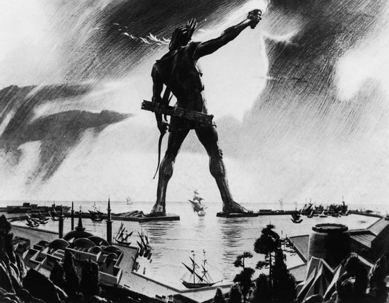 The Colossus of Rhodes, a giant statue of the sun god Helios measuring 34 metres, towers over the island's harbour, circa 250 BC. Completed in 280 BC, it was one of the Seven Wonders of the Ancient World, but was destroyed by an earthquake in 224 BC. A painting by Mario Larrinaga. (Photo by Three Lions/Hulton Archive/Getty Images)