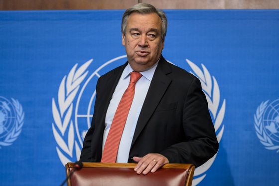 United Nations High Commissioner for Refugees (UNHCR) Antonio Guterres attends a press conference following the UNHCRs annual Executive Committee meeting on October 3, 2014 at the United Nations Office at Geneva.  AFP PHOTO / FABRICE COFFRINI        (Photo credit should read FABRICE COFFRINI/AFP/Getty Images)