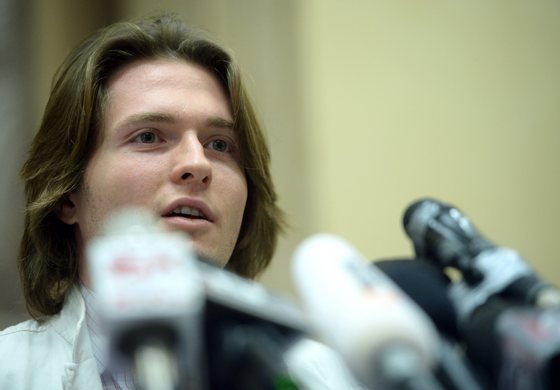 Italian Raffaele Sollecito, convicted with former lover Amanda Knox of the grizzly murder of a British student, speaks during a press conference on July 1st, 2014 in Rome. Sollecito's new defense strategy comes as their legal teams prepare to appeal the couple's murder convictions in the death of Knox's former roommate Meredith Kercher before Italy's Supreme Court next year. Knox and Sollecito were first convicted of the murder in 2009, then acquitted in 2011 on appeal. The supreme court last year ordered a re-trial, leading to the guilty verdicts issued on January 31, 2014.  AFP PHOTO / FILIPPO MONTEFORTE        (Photo credit should read FILIPPO MONTEFORTE/AFP/Getty Images)