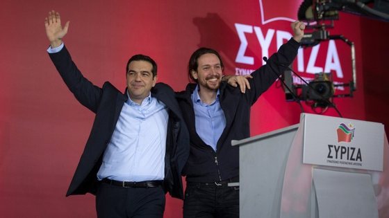ATHENS, GREECE - JANUARY 22:  Alexis Tsipras, leader of the radical leftist Syriza party is joined by Spanish Podemos party Secretary General Pablo Iglesias (R) as he campaigns at a pre-election rally ahead of this weekend's general election on January 22, 2015 in Athens, Greece. According to the latest opinion polls, the left-wing Syriza party are poised to defeat Prime Minister Antonis Samaras' conservative New Democracy party in the election, which will take place on Sunday. European leaders fear that Greece could abandon the Euro, write off some of its national debt and put an end to the country's austerity by renegotiating the terms of its bailout if the radical Syriza party comes to power. Greece's potential withdrawal from the eurozone has become known as the 'Grexit'.  (Photo by Matt Cardy/Getty Images)