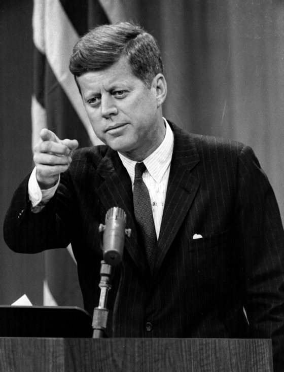 American president John F Kennedy making a point during a press conference in the new State Department Auditorium in Washington.  Original Publication: People Disc - HU0135   (Photo by Keystone/Getty Images)