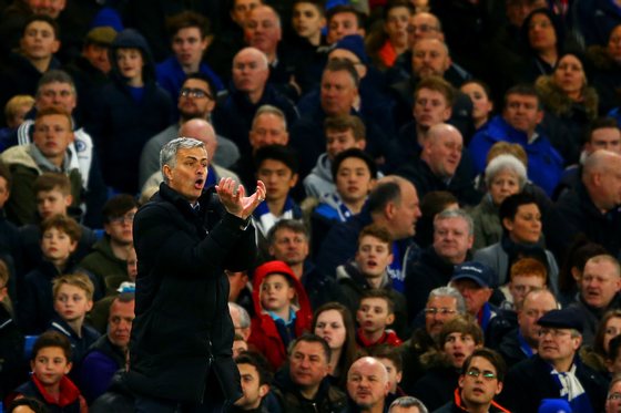 LONDON, ENGLAND - APRIL 04:  Jose Mourinho, manager of Chelsea reacts during the Barclays Premier League match between Chelsea and Stoke City at Stamford Bridge on April 4, 2015 in London, England.  (Photo by Richard Heathcote/Getty Images)