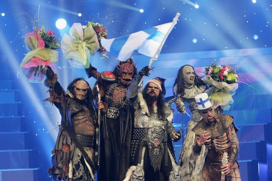 ATHENS - MAY 20: Monster rock band Lordi of Finland celebrate their victory at the conclusion of the finals of the 2006 Eurovision Song Contest May 20, 2006 in Athens, Greece. (Photo by Sean Gallup/Getty Images)