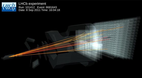 Event display of a candidate B0s particle decaying into two muons in the LHCb detector.