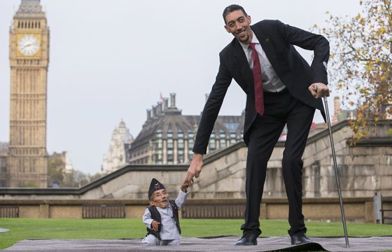 Chandra Bahadur Dangi, from Nepal, (L) the shortest adult to have ever been verified by Guinness World Records, poses for pictures with the world's tallest man Sultan Kosen from Turkey, during a photocall in London on November 13, 2014, to mark Guinness World Records Day. Chandra Dangi, measures a tiny 21.5in (0.54m)  the same height as six stacked cans of beans. Sultan Kosen measures 8 ft 3in (2.51m).  AFP PHOTO / ANDREW COWIE        (Photo credit should read ANDREW COWIE/AFP/Getty Images)