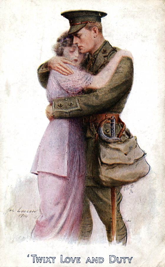 'Twixt Love and Duty', 1914. World War I postcard, showing a British officer saying farewell to a loved one and answering the call to duty. (Photo by Ann Ronan Pictures/Print Collector/Getty Images)
