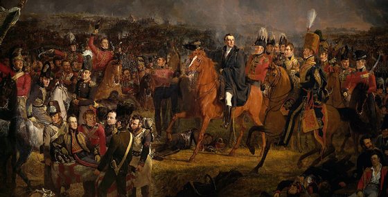 No final da batalha, NapoleÃ£o mandou avanÃ§ar a temida Guarda Imperial, mas a forma como os soldados de Wellington (aqui com o seu Estado-Maior) reagiram provocaram a sua debandada