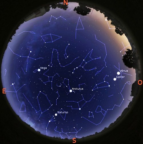 VÃ©nus e JÃºpiter veem-se a oeste na constelaÃ§Ã£o LeÃ£o (cÃ©u de 17 de junho, Ã s 22 horas) - OAL/FCUL