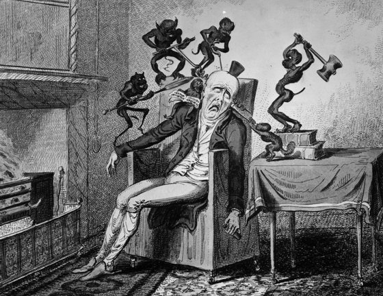 1819:  A man suffering from a headache is tormented by a horde of little demons.  'Headache' by Cruikshank.  (Photo by Hulton Archive/Getty Images)