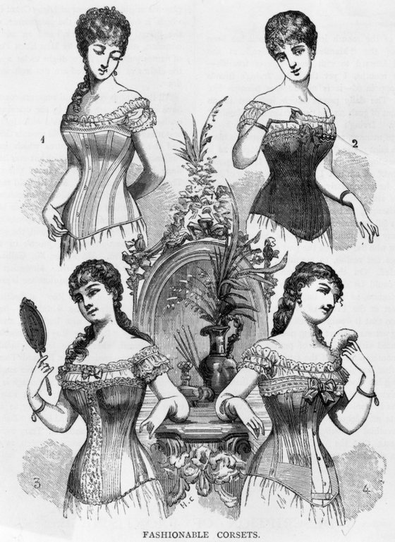 circa 1870:  Four Victorian ladies modelling the whalebone corsets which were fashionable in the 19th century.  (Photo by Hulton Archive/Getty Images)