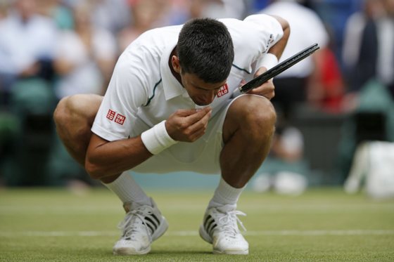 Serbia's Novak Djokovic celebrates beating Switzerland's Roger Federer by eating a blade of grass after their men's singles final match on Centre Court on day thirteen of the 2015 Wimbledon Championships at The All England Tennis Club in Wimbledon, southwest London, on July 12, 2015. Djokovic won the match 7-6, 6-7, 6-4, 6-3. RESTRICTED TO EDITORIAL USE  --  AFP PHOTO / ADRIAN DENNIS        (Photo credit should read ADRIAN DENNIS/AFP/Getty Images)