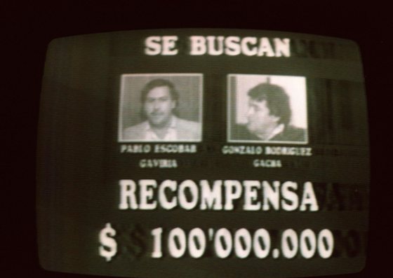 BOGOTA, COLOMBIA - SEPTEMBER 6:  An image taken 06 September 1989 from Colombian television of a wanted advertisement for Medellin drug cartel leaders Pablo Escobar and Gonzalo Rodriguez.  (Photo credit should read CARLOS LEMA/AFP/Getty Images)