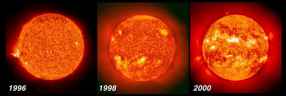 A variaÃ§Ã£o da atividade solar desde uma situaÃ§Ã£o prÃ³xima do mÃ­nimo, atÃ© uma atividade mÃ¡xima - SOHO/ESA/NASA