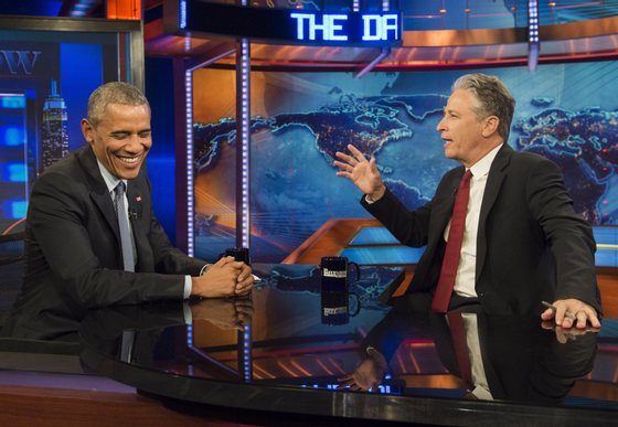 US President Barack Obama speaks with Jon Stewart, host of "The Daily Show with Jon Stewart," during a taping of the show in New York, July 21, 2015. The appearance marks Obama's third time on the show as President, and seventh overall. AFP PHOTO / SAUL LOEB        (Photo credit should read SAUL LOEB/AFP/Getty Images)