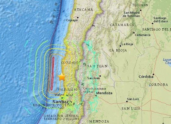 Mapa de localizaÃ§Ã£o do sismo de acordo com o ServiÃ§o GeolÃ³gico dos Estados Unidos (USGS)