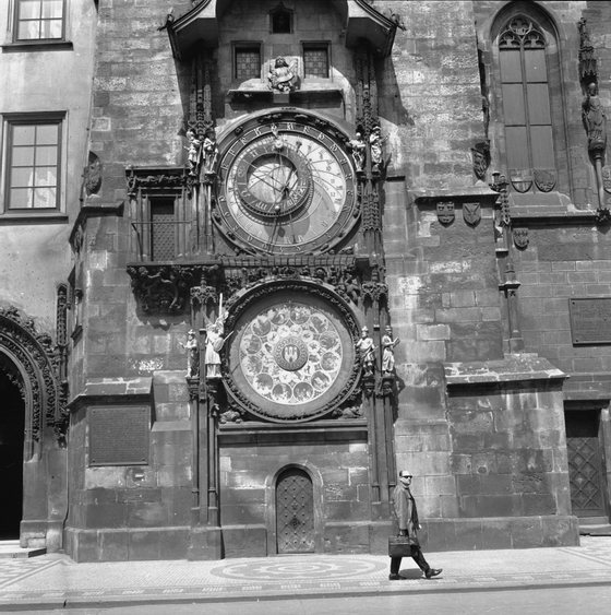 July 1966: The 15th century Orloj Astronomical Clock attached to the Town Hall tower in Prague. It consists of two parts: the upper part shows the apparent movements of the sun and moon and the time of day; the lower part shows the days of the week and the months of the year. (Photo by John Pratt/Keystone Features/Getty Images)